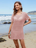 Openwork Round Neck Short Sleeve Cover-UP - Ladyez