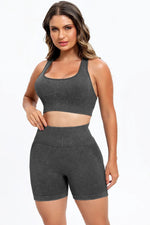 3 Piece Washed Square Neck Wide Strap Active Set - Ladyez