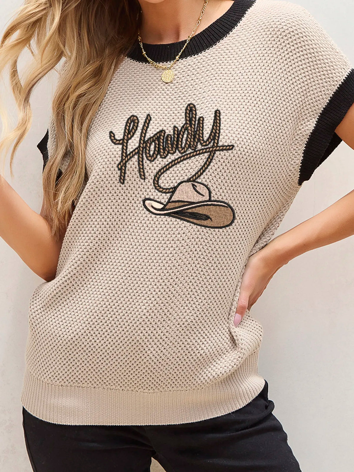Howdy Cowboy Hat Embroidered Short Sleeve Sweater