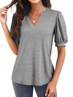 Puff Sleeve Notched Casual T-Shirt