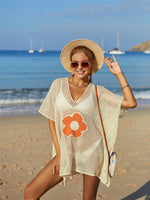 Angel Wings Openwork Flower V-Neck Short Sleeve Cover Up - Ladyez