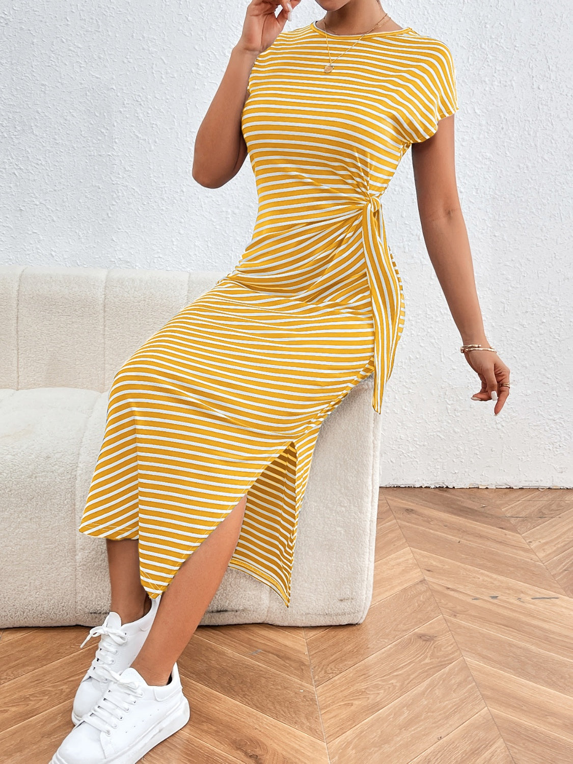 Honey Tied Striped Round Neck Short Sleeve Tee Dress - Ladyez