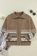 Zip Up Long Sleeve Geometric Cardigan