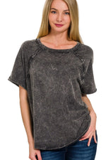 Zenana Back Patch Crinkle Washed Raglan Sleeve T-Shirts - Ladyez