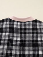 Plaid Polo Collar Zip up Contrast Trim Shift Long Sleeve Mini Dress