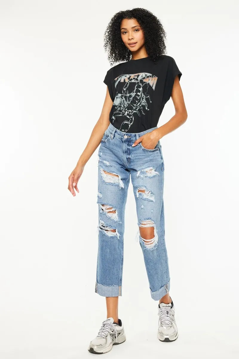 Kancan Mid Rise Distressed Boyfriend Fit Jeans - Ladyez