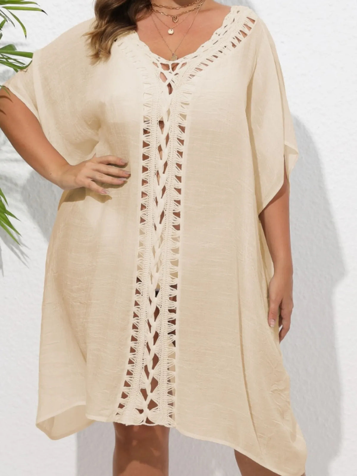 Crochet Trim V-Neck Beach Cover Up Dress - Ladyez
