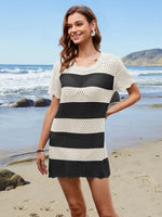 Openwork Round Neck Short Sleeve Cover-UP - Ladyez