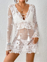 Cutout Tied V-Neck Long Sleeve Cover Up - Ladyez