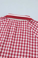 Gingham Puff Sleeve Quarter Zip Blouse