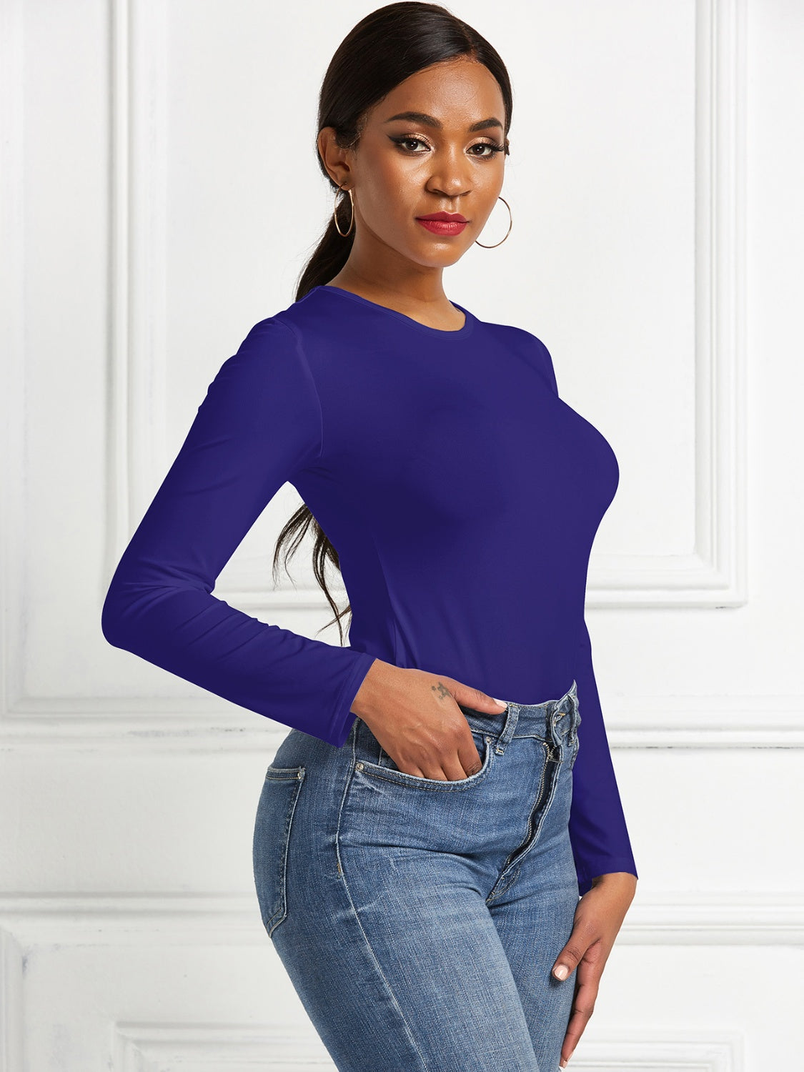 Round Neck Long Sleeve Bodysuit - Ladyez