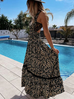 Leopard Print Sleeveless Maxi Dress with Lace Trim