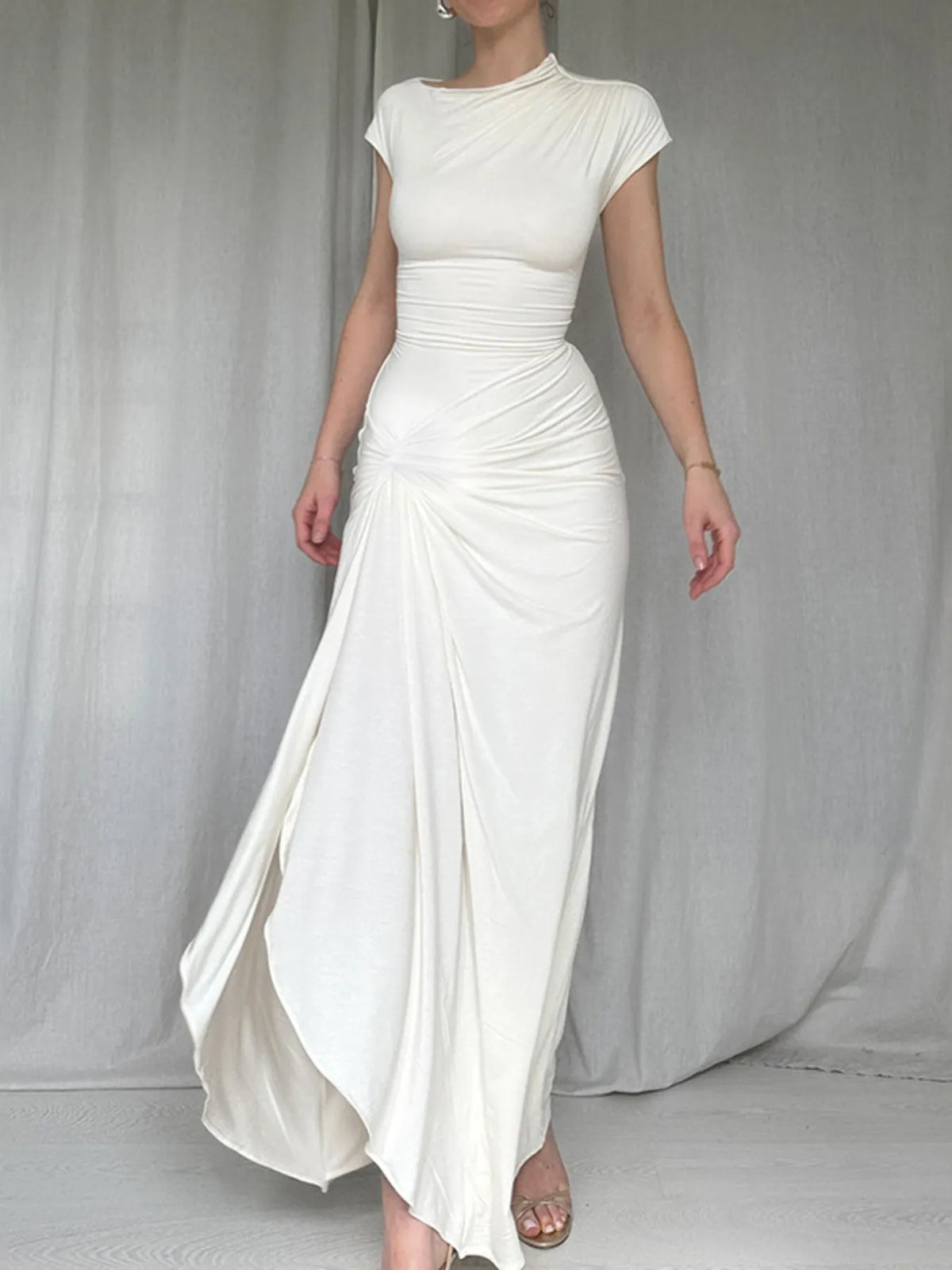 Ruched Slit Cap Sleeve Maxi Dress - Ladyez