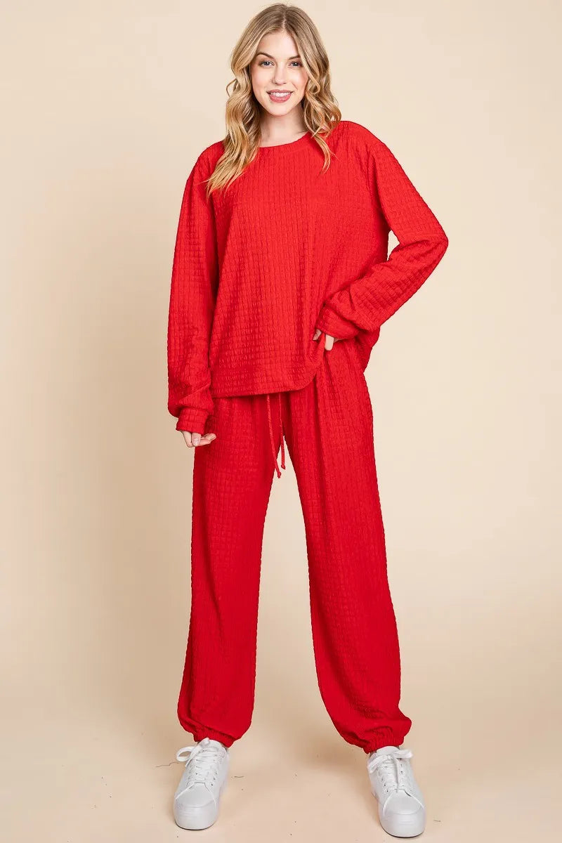 Super Lady Full Size Crinkle Check Round Neck Top and Pants Lounge Set - Ladyez