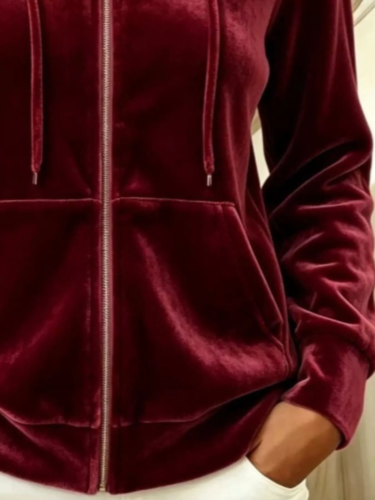 Full Size Velvet Zip-Up Outerwear with Drawstring Plus Size