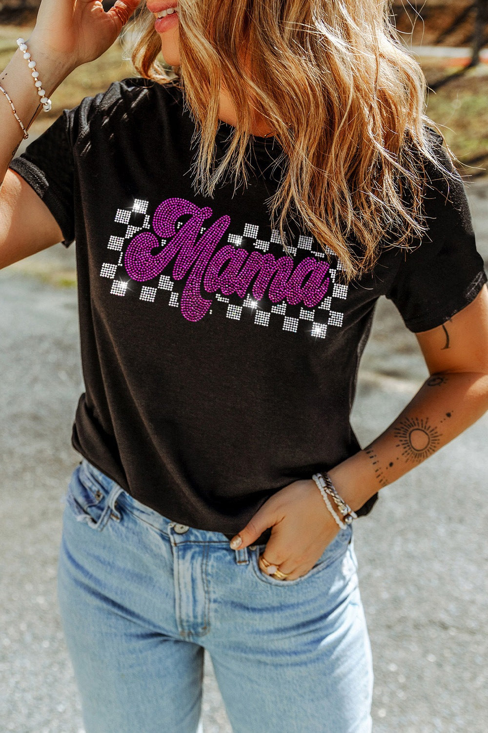 MAMA Rhinestone Letter Round Neck T-Shirt - Ladyez