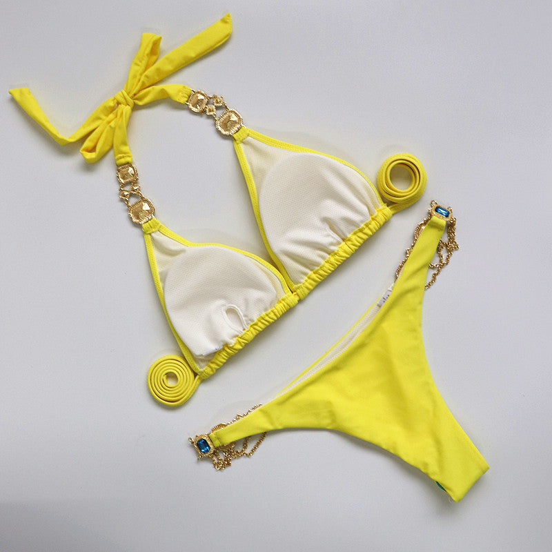 Halter Rhinestone Diamond Bikini Women Swimsuit Female Bikinis Metal Chain Swimwear Two Pieces Bikini Set Bathing Suit Swim Lady