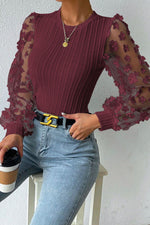 Double Take Textured Applique Long Sleeve Blouse - Ladyez