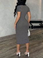 Striped Polo Collar Midi Dress