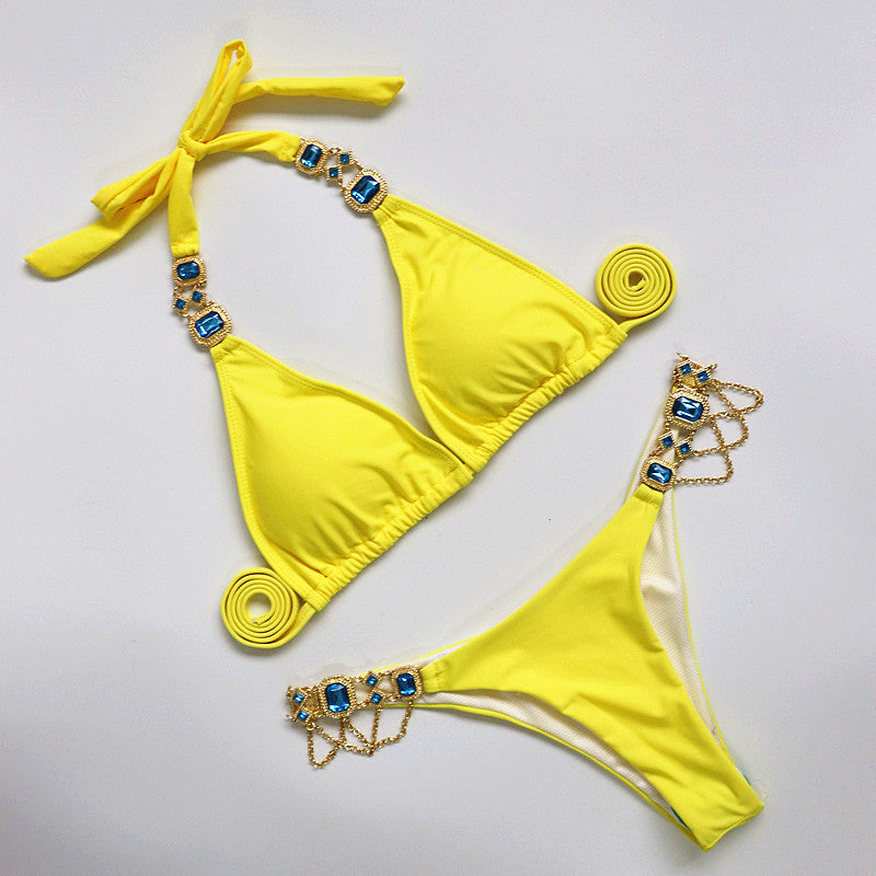 Halter Metal Chains Rhinestone Diamond Bikini Women Swimsuit Female Swimwear Two Pieces Bikini set Brazilian Bathing Suit Swim