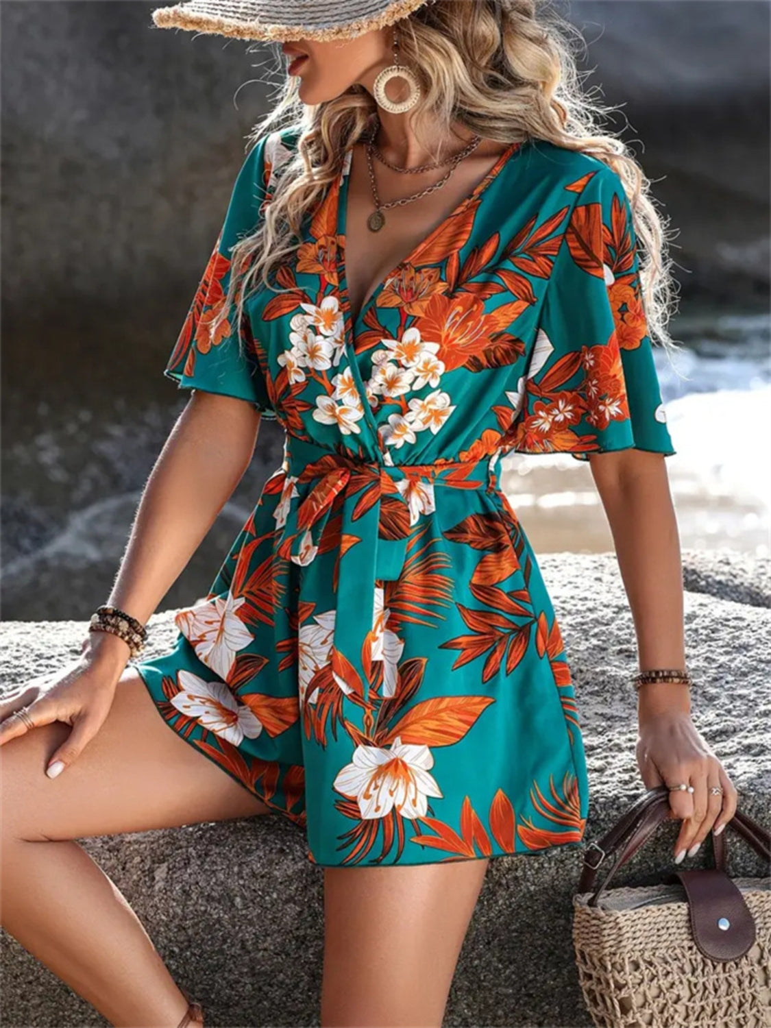 Printed Surplice Half Sleeve Tie Waist Romper - Ladyez