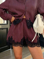 Lace Trim Striped Button-Down Shirt and Shorts Set