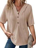 Drawstring Waffle-Knit Short Sleeve Hooded Top