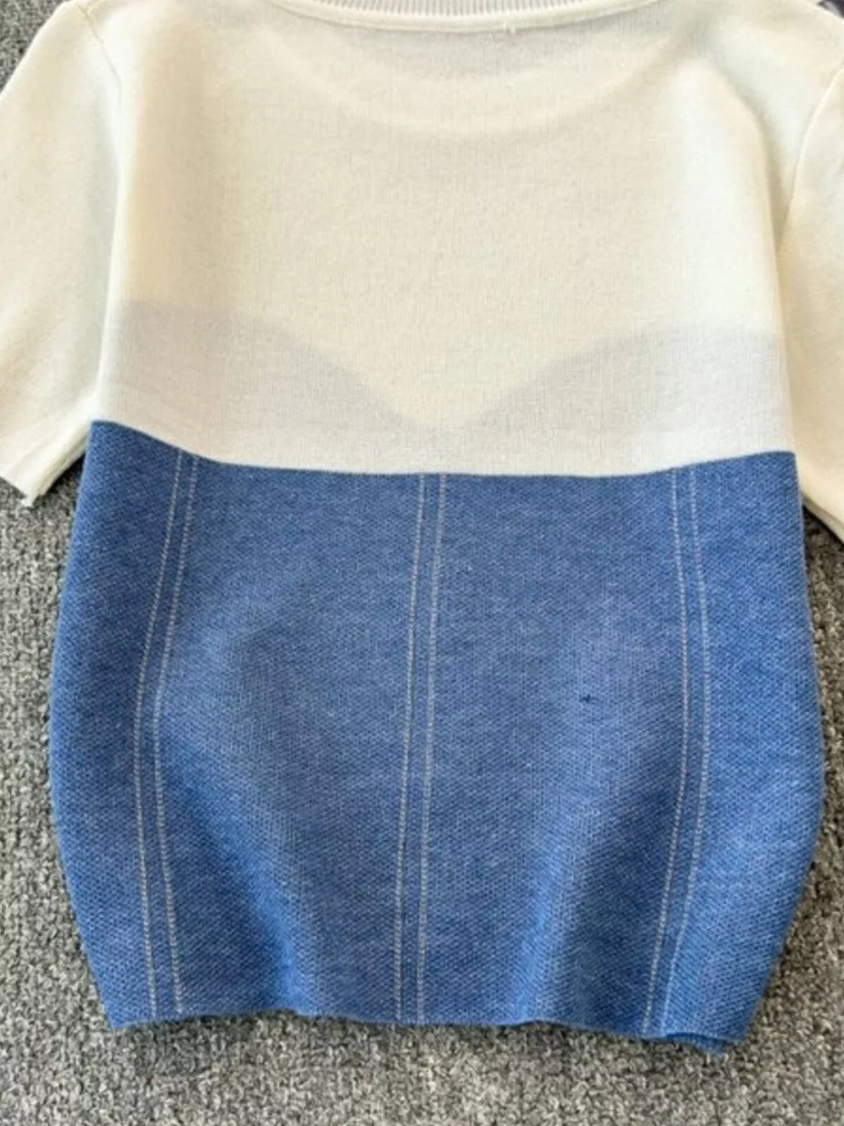Color Block Short Sleeve Knit T-Shirt