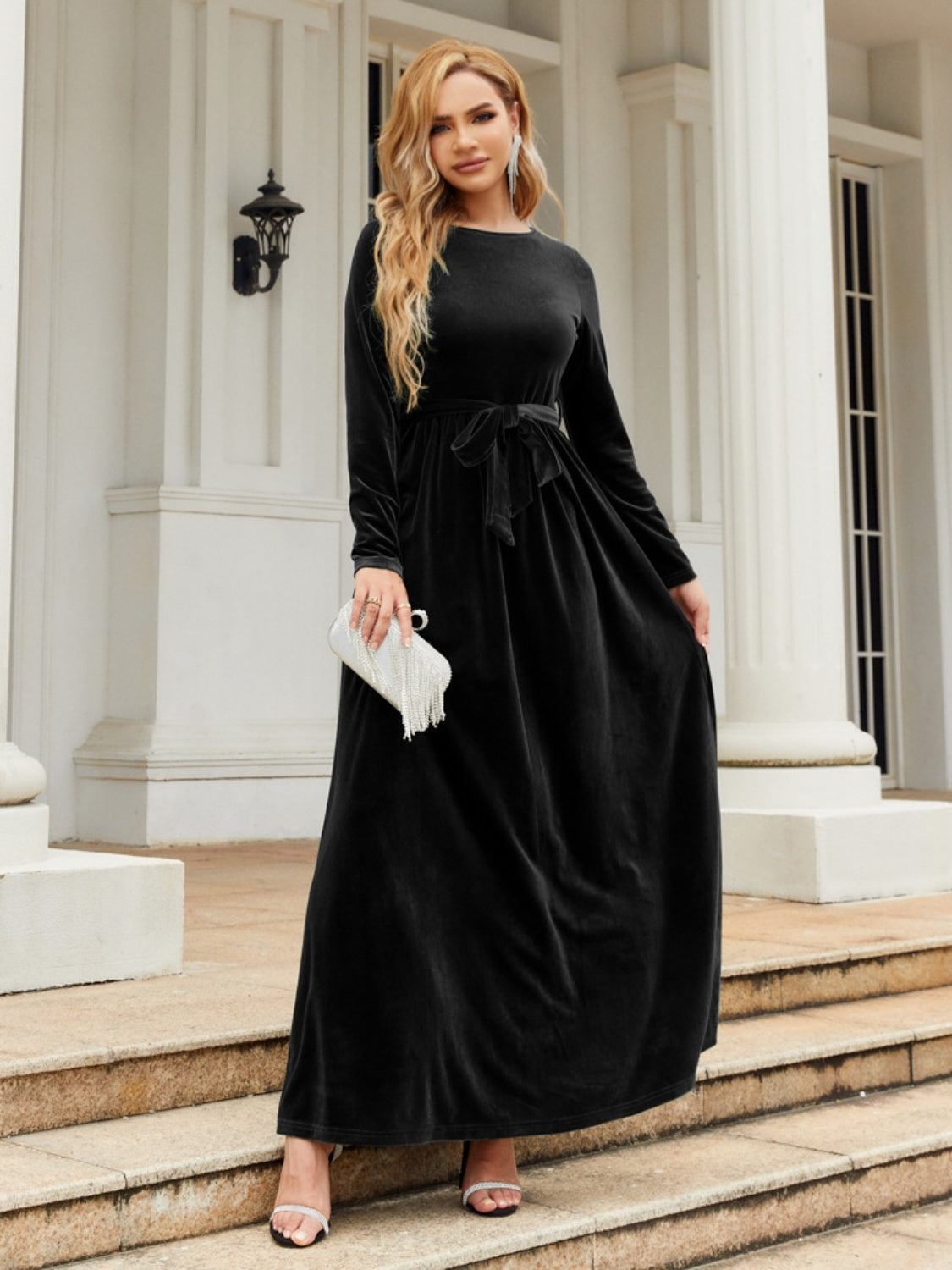 Tie Front Round Neck Long Sleeve Maxi Dress - Ladyez