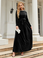 Tie Front Round Neck Long Sleeve Maxi Dress - Ladyez