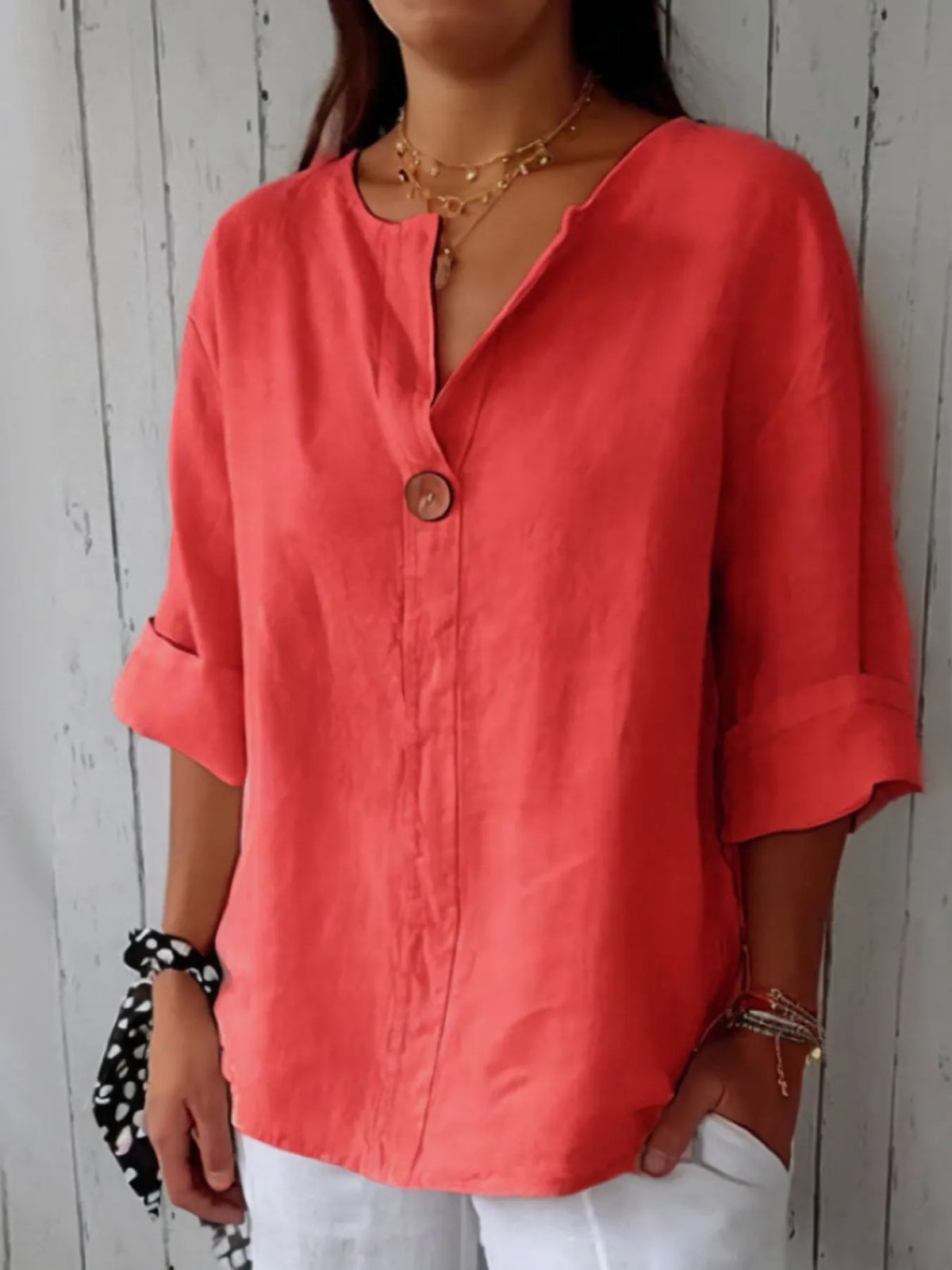 Full Size Linen Blend Notched Blouse Plus Size - Ladyez