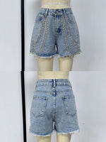 Rhinestone Chain Raw Hem Denim Shorts