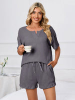Notched Short Sleeve and Shorts Lounge Set - Ladyez
