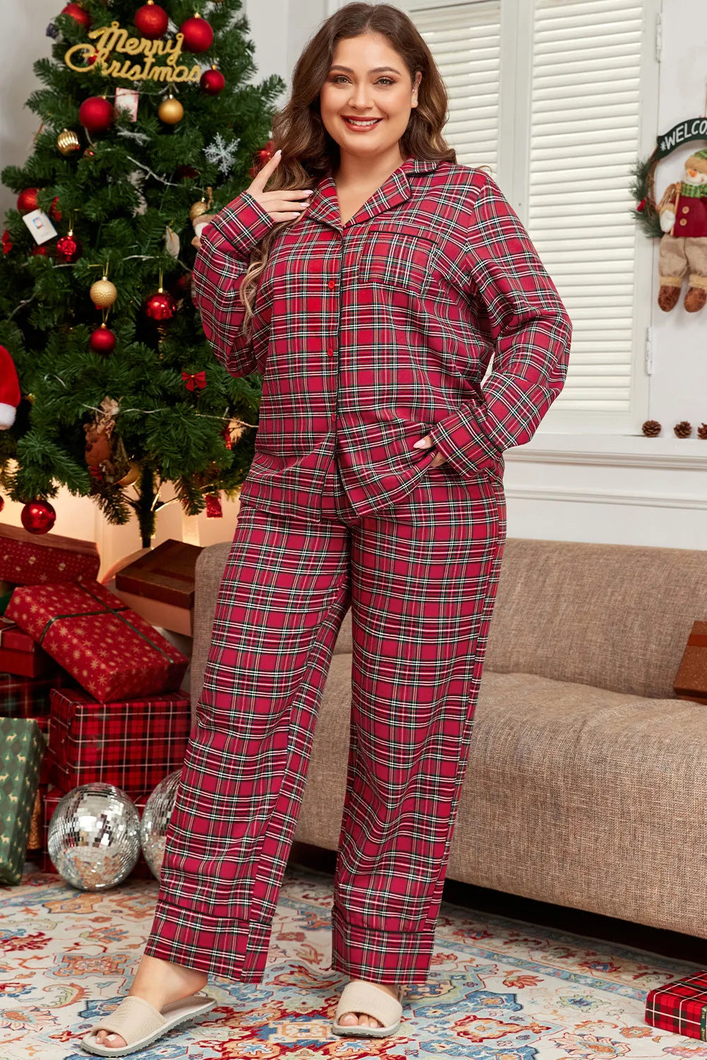Plus Size Plaid Collared Neck Top and Pants Lounge Set - Ladyez