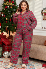 Plus Size Plaid Collared Neck Top and Pants Lounge Set - Ladyez