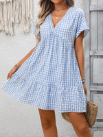 Plaid V-Neck Ruffle Hem Mini Dress