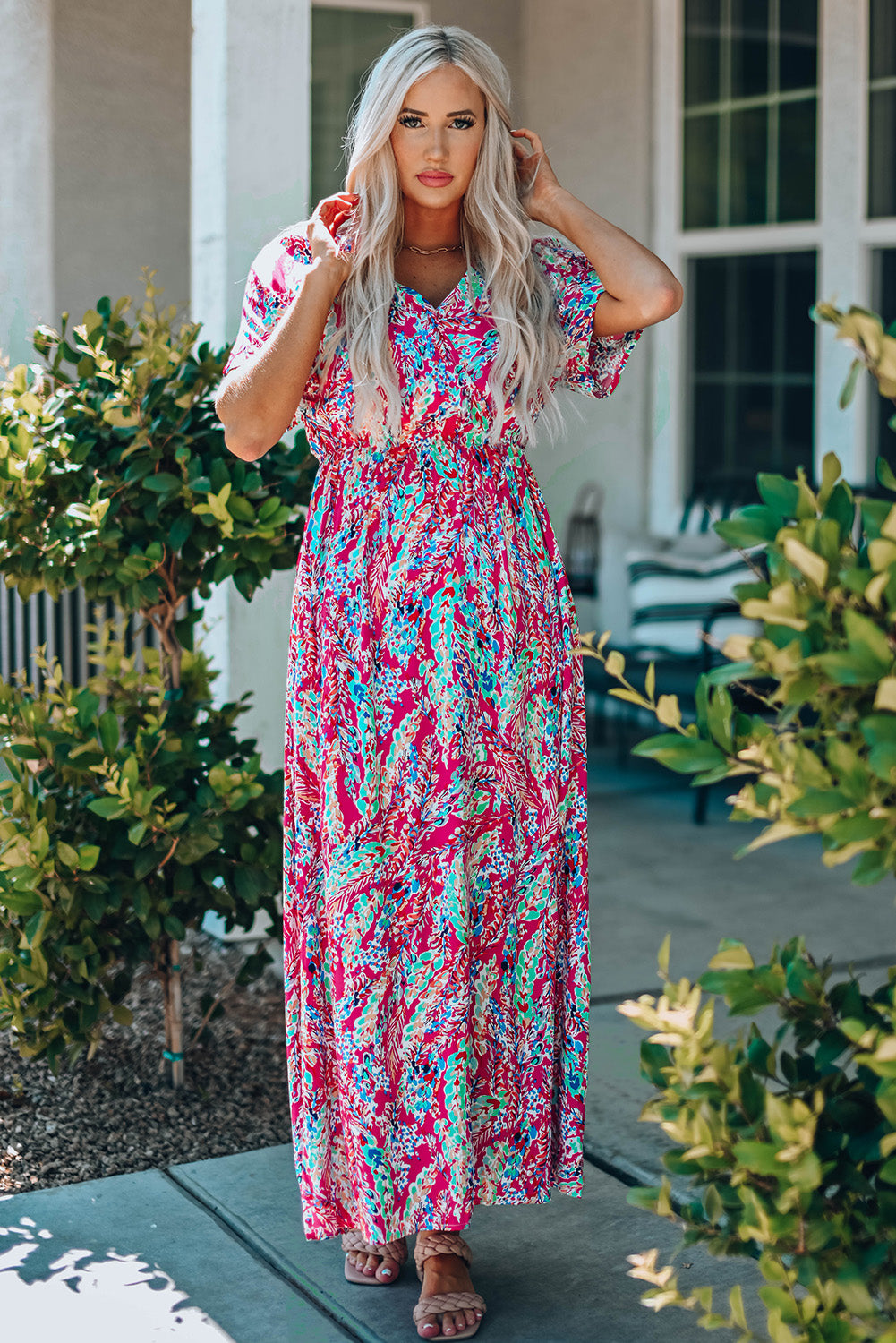 Multicolored V-Neck Maxi Dress - Ladyez