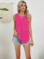 Round Neck Sleeveless Top with Pleated Front Detail - Ladyez