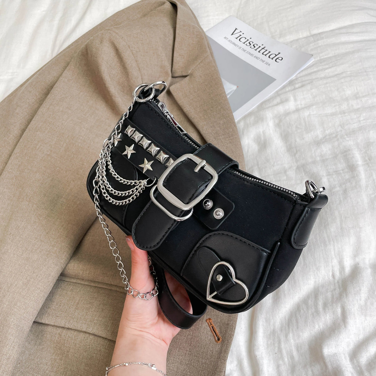 Buckle Detail Shoulder Bag with Star Embellishments - Ladyez