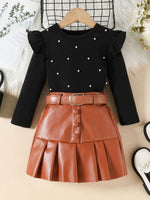 Children's Ruffle Trim Top & Faux Leather Pleated Skirt Set