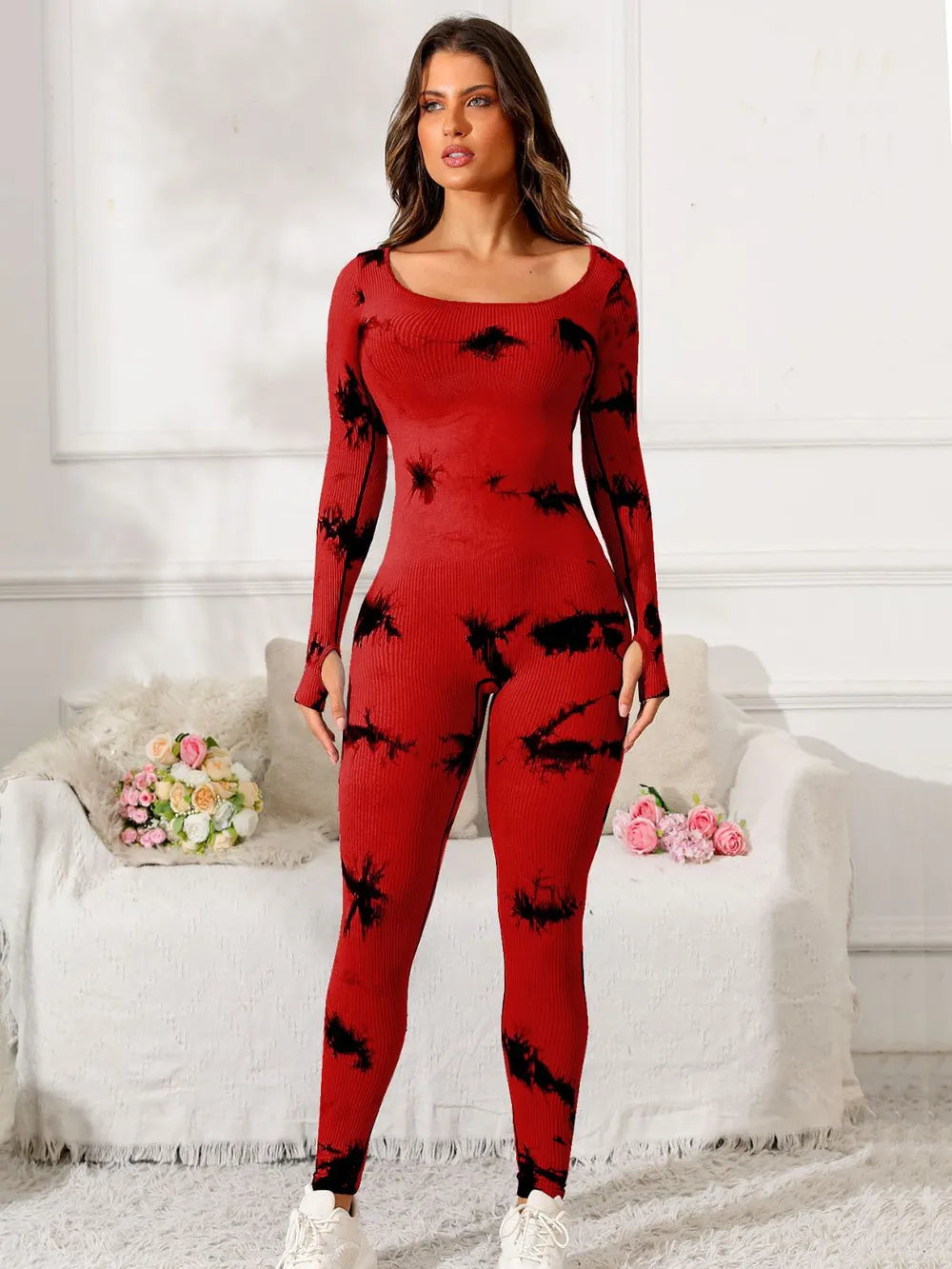 Scoop Neck Long Sleeve Active Jumpsuit - Ladyez