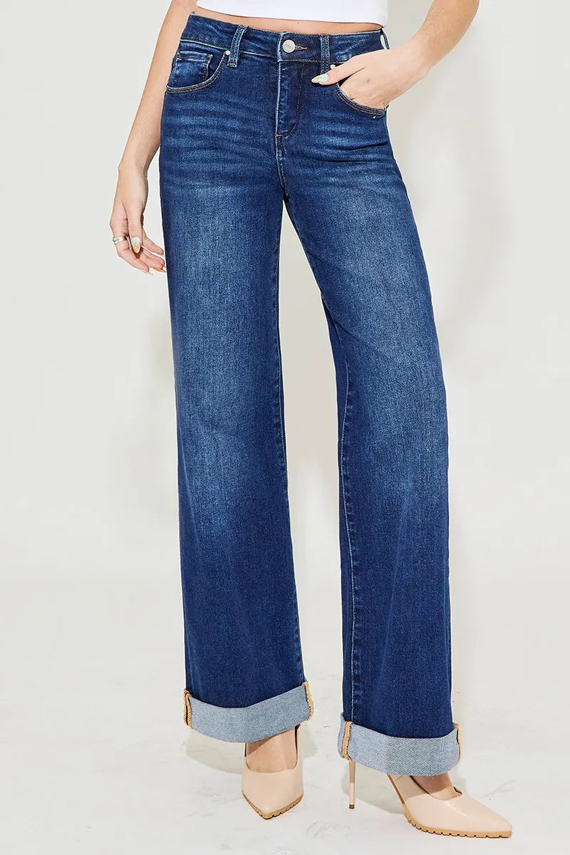 RISEN Full Size Tummy Control High Rise Wide Leg Cuffed Jeans Plus Size - Ladyez