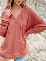 Drawstring V-Neck Waffle Knit Casual Hoodie