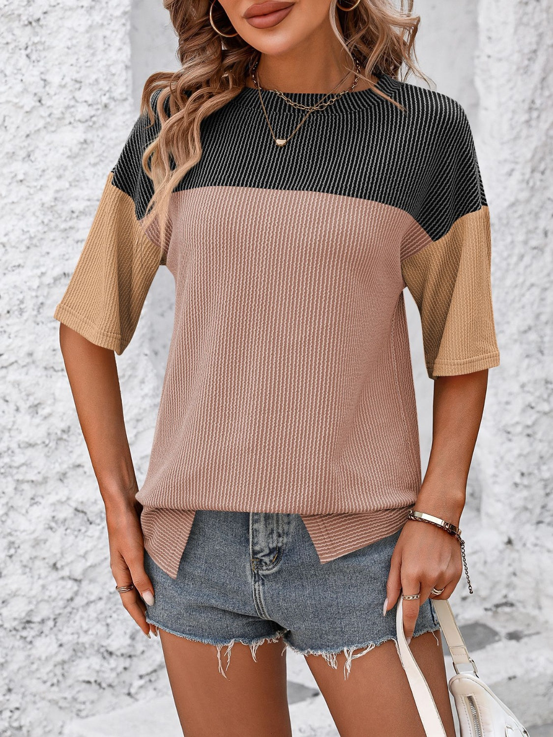 Mandy Color Block Round Neck Half Sleeve T-Shirt - Ladyez
