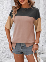 Mandy Color Block Round Neck Half Sleeve T-Shirt - Ladyez