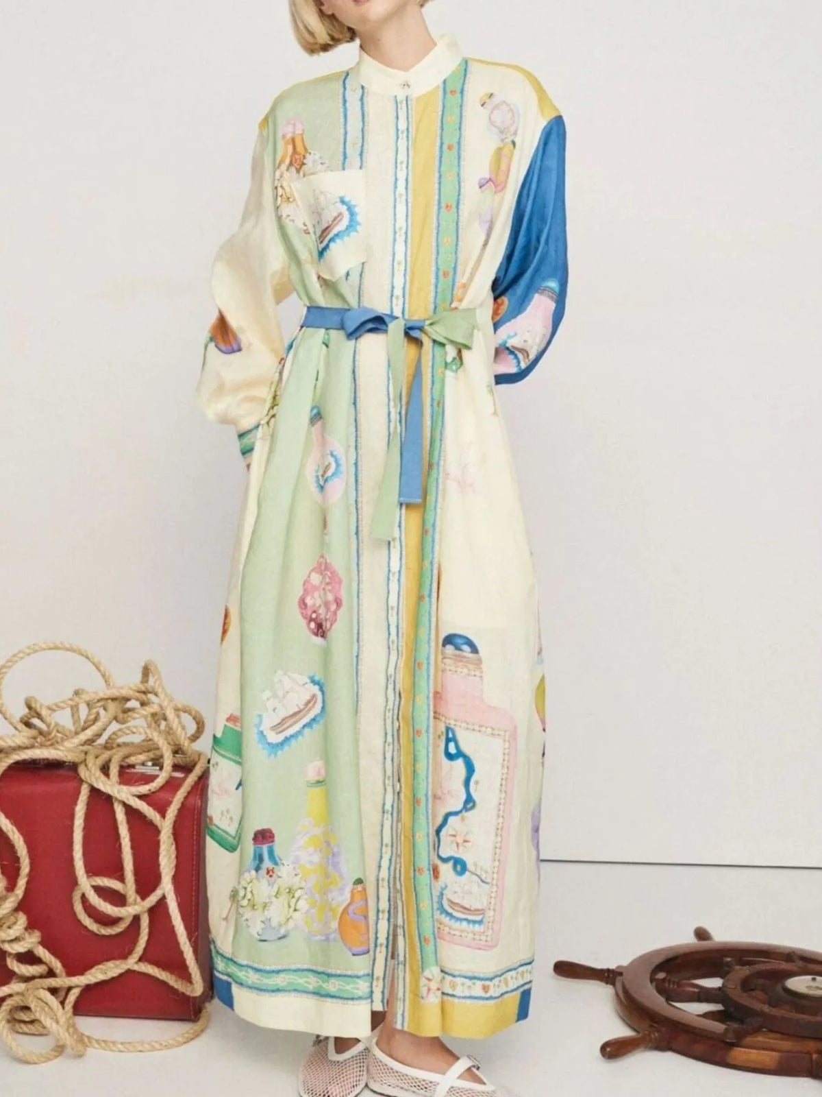 Printed Button Up Maxi Shirt Dress - Ladyez