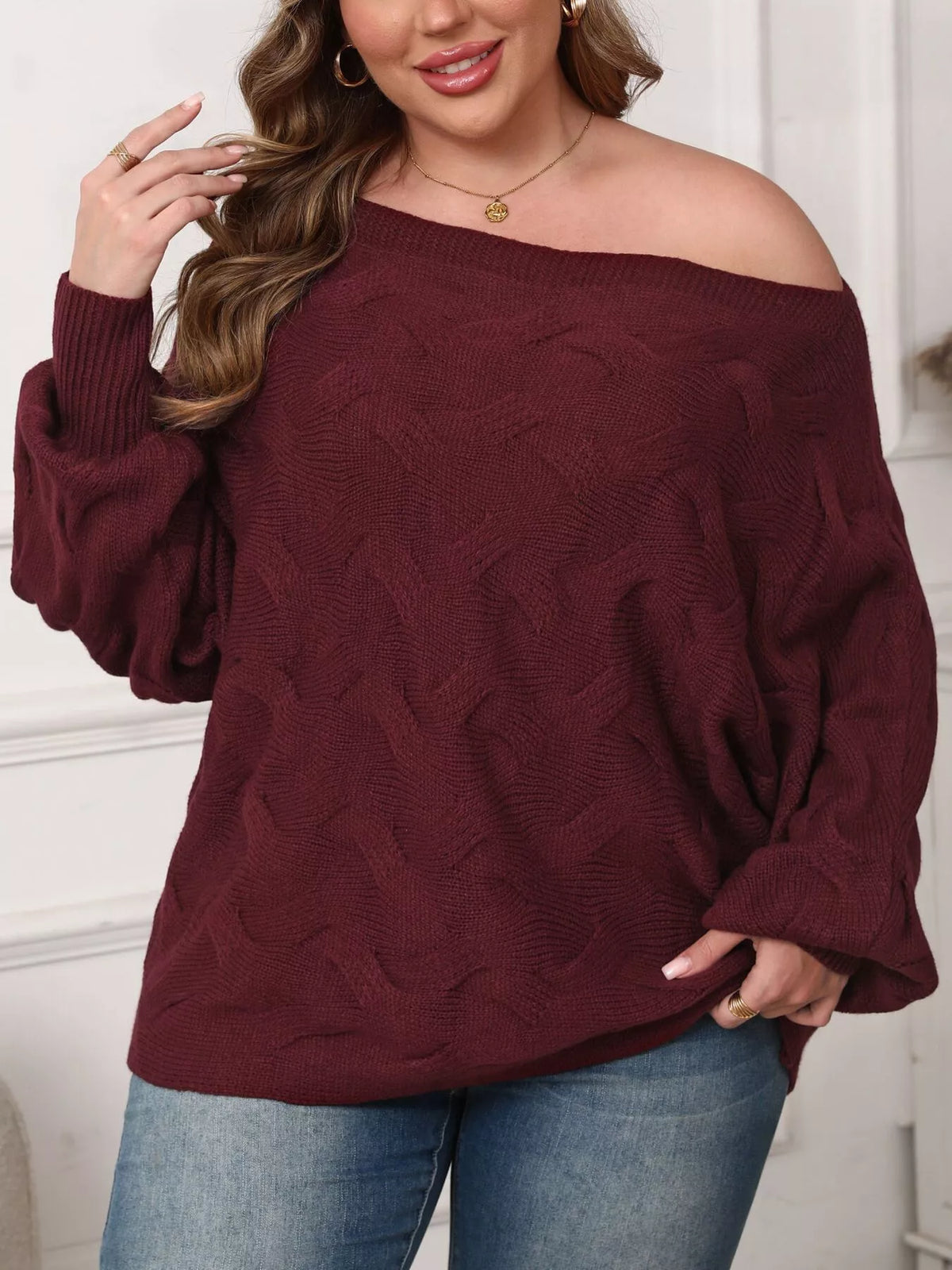 Plus Size Off-Shoulder Long Sleeve Sweater