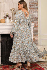 Plus Size Printed Balloon Sleeve Ruffle Hem Dress - Ladyez