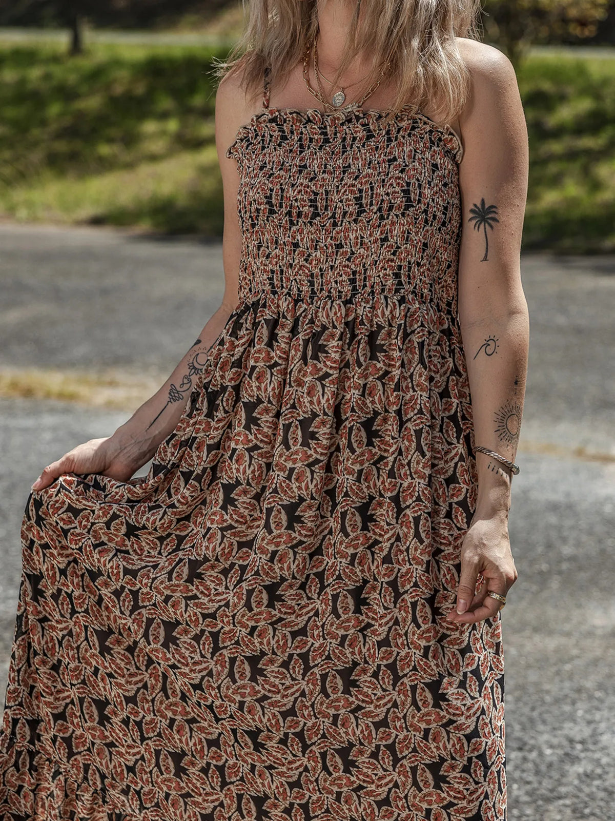 Printed Smocked Bodice Maxi Dress - Ladyez