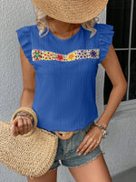 Ruffled Round Neck Cap Sleeve Blouse